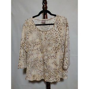 Chico's women's size 1X? t-shirt brown tones print long sleeve scoop neck